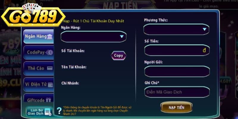 Nạp tiền Go789 online qua ngân hàng